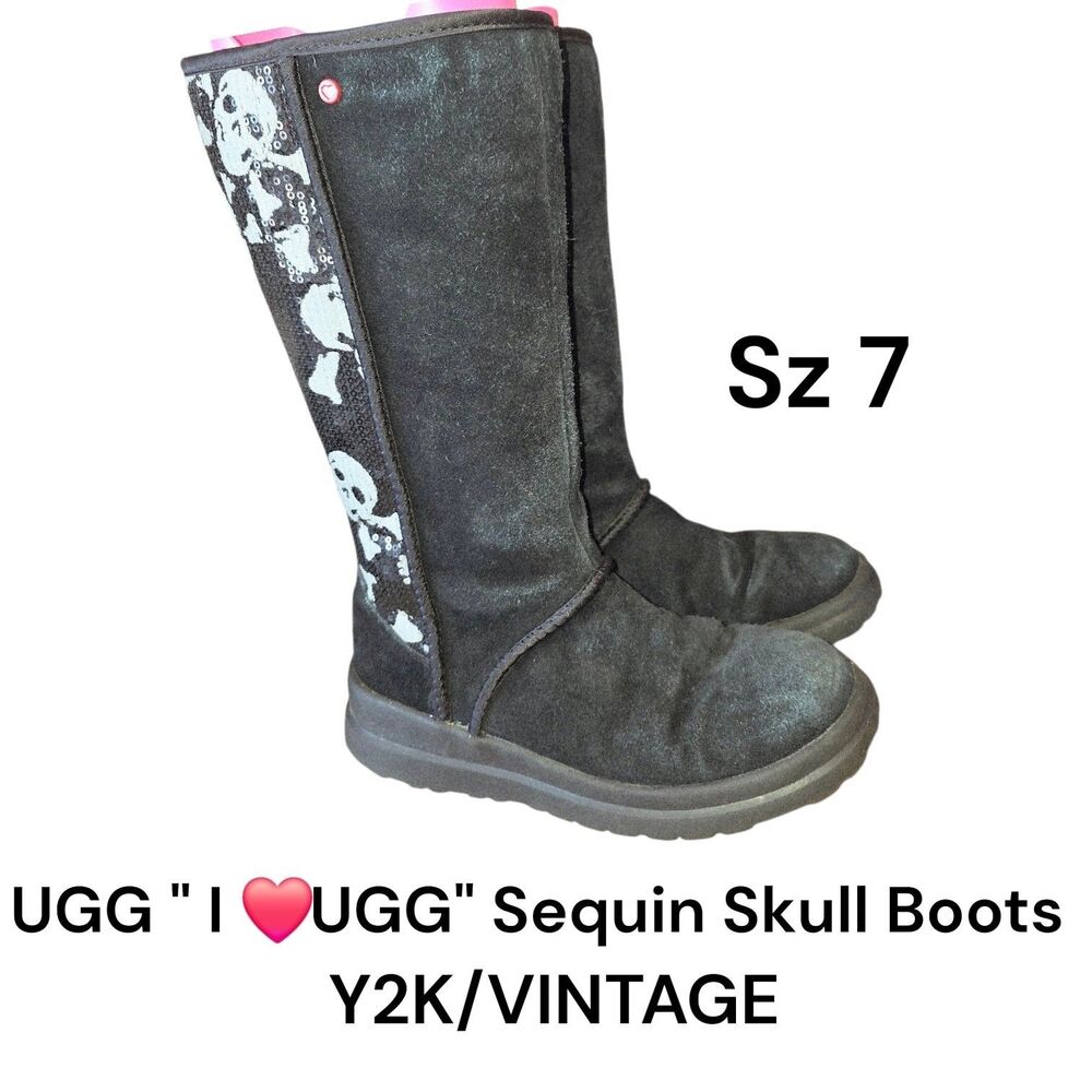 UGG I Love UGG Sz 7 Sequins Skulls Shearling Y2K Distressed Blk Suede Logo Boots